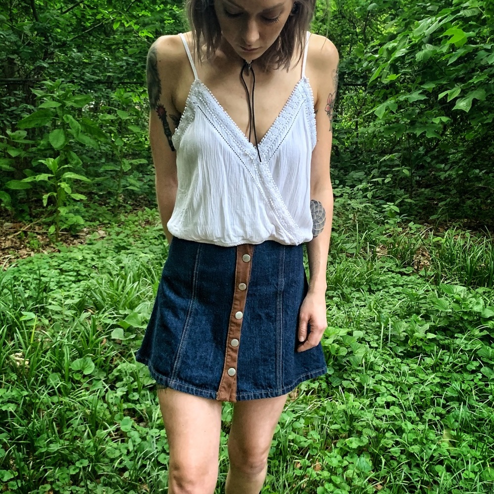 Indigo Rein | A-Line Mini Skirt | Denim & Suede - Picture 2 of 6